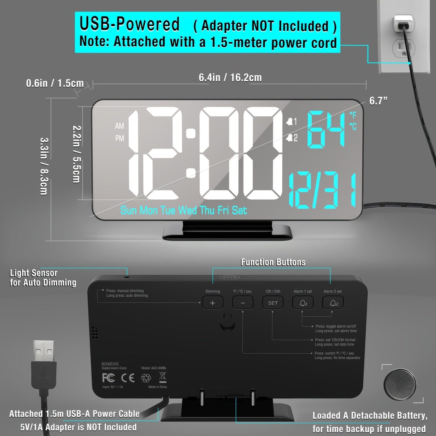 Skorter | Digitime - Digital LED Alarm Clock with Double Alarm and USB Power
