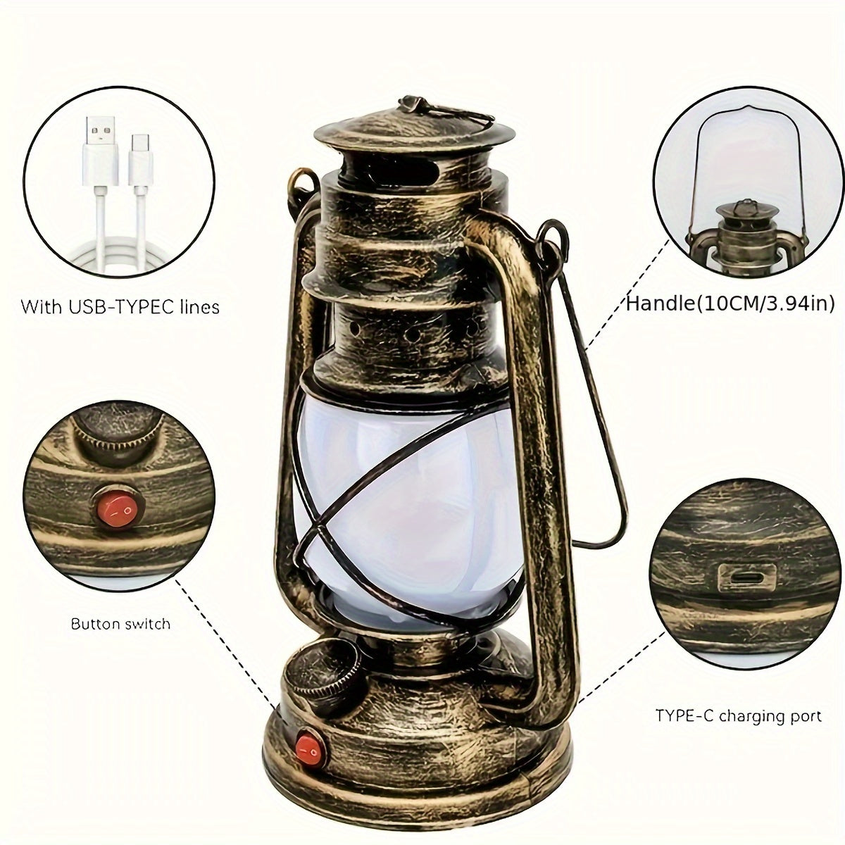 Skorter | RetroLantern - Rechargeable LED lantern with flame effect, antique copper finish