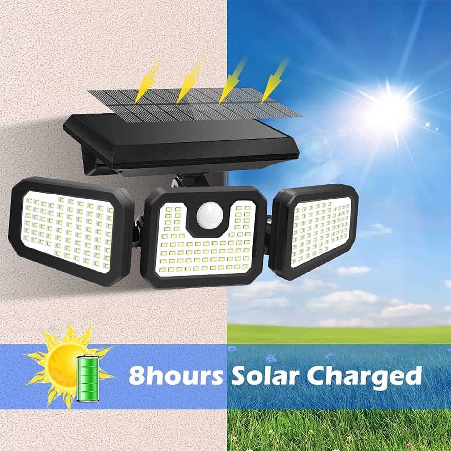 Skorter | 2 Pack 210 LED Solar Outdoor Lighting 3 Heads Solar Lights IP65 Waterproof Solar Motion Sensor Light with Remote Control for Terrace, Garden, Yard