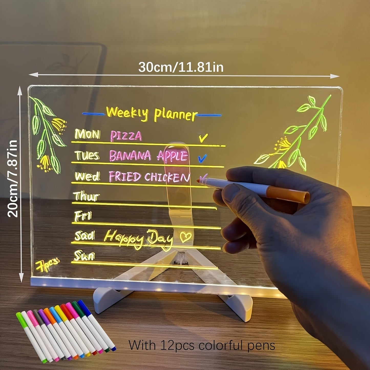Skorter | USB LED Noteboard with 12 Colored Pens - Bright Message Board for Office & Home