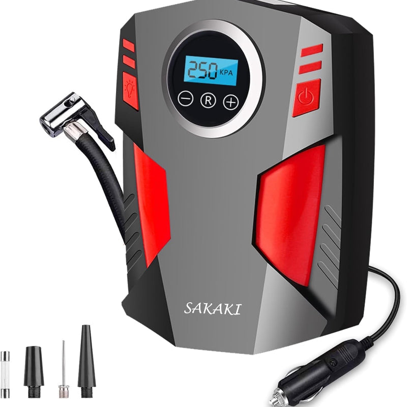 Skorter | Portable tire pump with LED light and 3 nozzle adapters