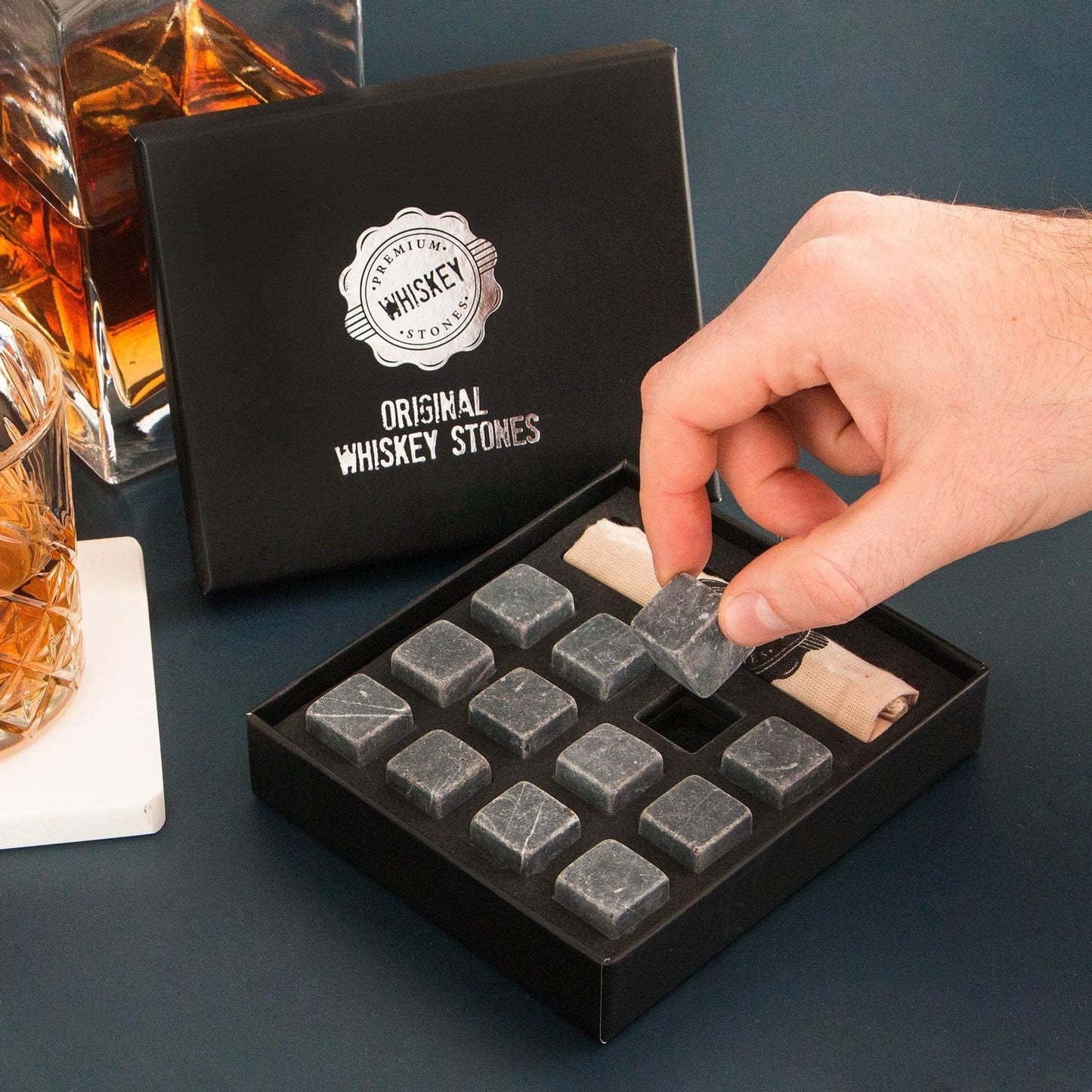 Skørter | Premium Whiskey Stones Gift Set with 12 Pcs Stones and Bag. Whiskey, Bourbon, Cognac, Scotch, Gin, Wine Drink. Marble Reusable Ice Cubes. Birthday Gift for Whiskey Lovers.… (Dark Grey)