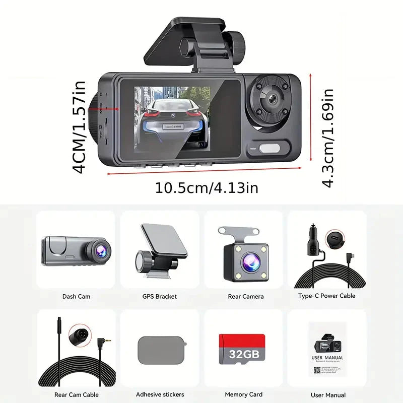 Skorter | 1080P Triple Dash Cam Front, Interior and Rear with 32GB Card, Night Mode, HDR & More