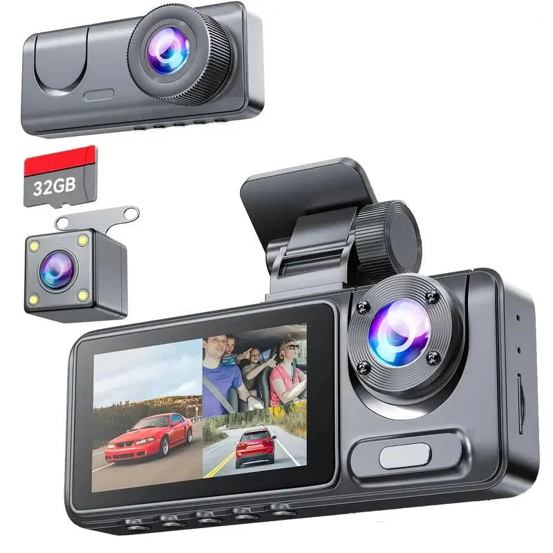Skorter | 1080P Triple Dash Cam Front, Interior and Rear with 32GB Card, Night Mode, HDR & More