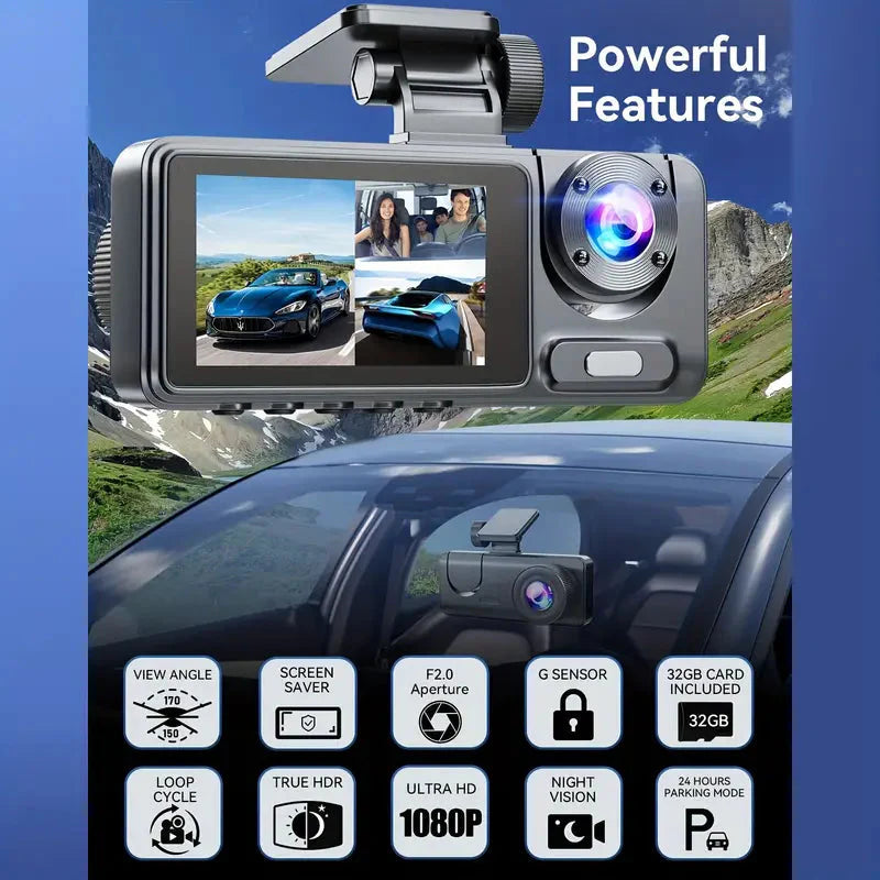 Skorter | 1080P Triple Dash Cam Front, Interior and Rear with 32GB Card, Night Mode, HDR & More