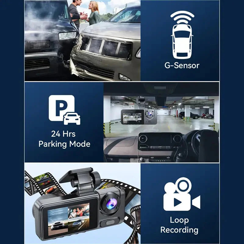 Skorter | 1080P Triple Dash Cam Front, Interior and Rear with 32GB Card, Night Mode, HDR & More