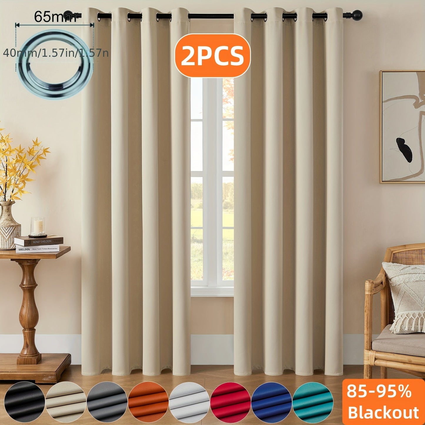 Skorter | Blackout Curtains - 2 Pieces Modern Polyester Curtains with Thermal Insulation and Rings