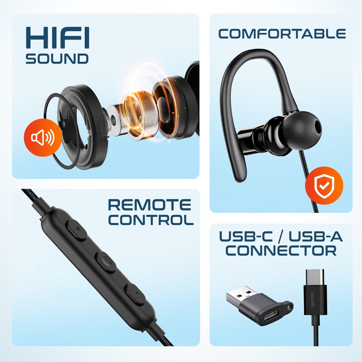 Skorter | Delton 24ECA USB-C and USB-A Wired Earbuds with Microphone, Ergonomic In-Ear Design with Ear Hook