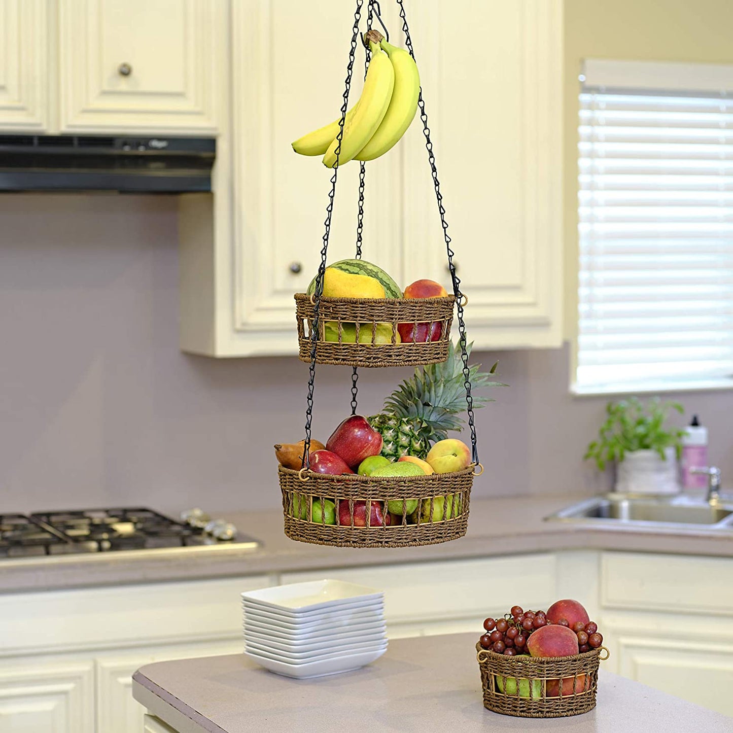 Skorter | 3-layer hanging fruit basket woven vegetable storage and fruit organizer with banana holder -