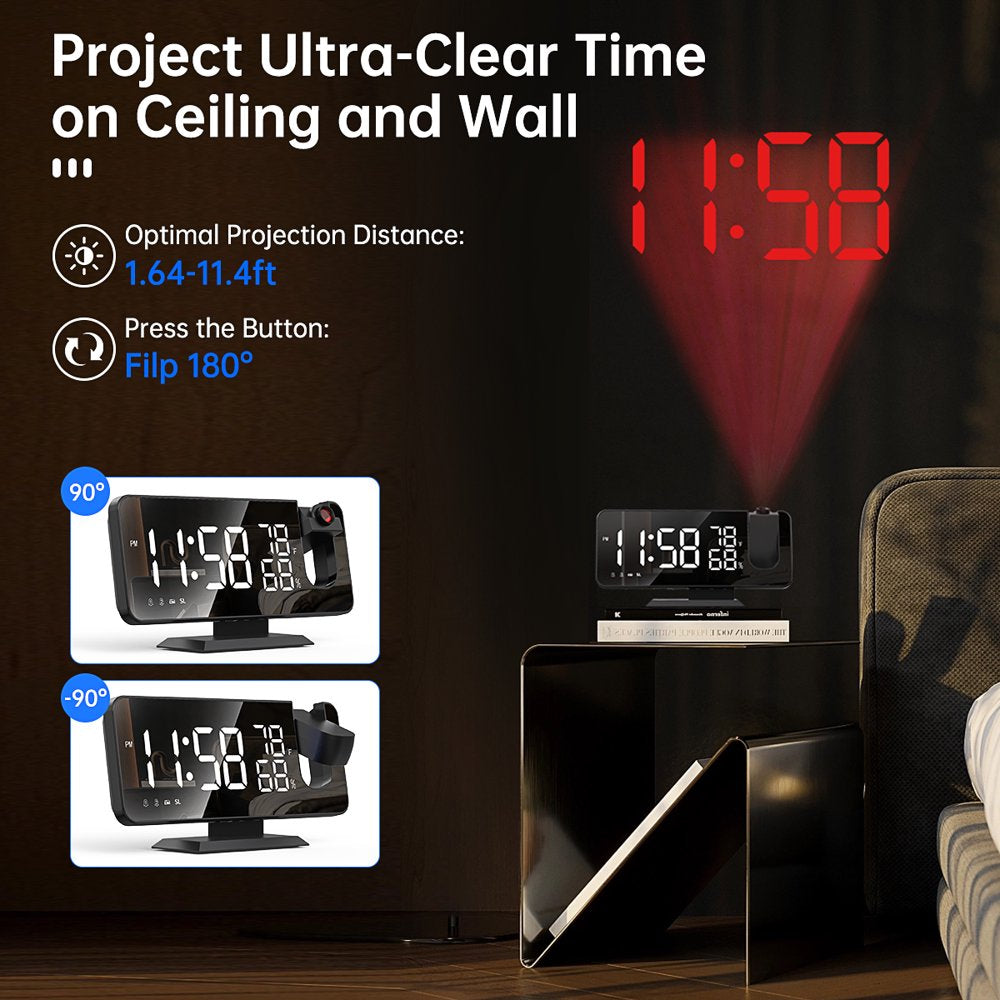 Skørter | Projection alarm clock for the bedroom, digital alarm clock radio with USB charging ports, 7.3" large LED display and 4 adjustable dimmers, double alarm clock with temperature and humidity indicator, snooze (Black)