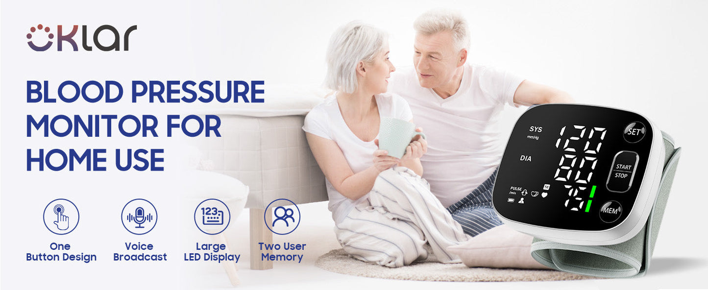 Skorter | Oklar Blood Pressure Monitors for Home Use Rechargeable Wrist Digital BP Machine Cuff with LED Backlit Screen, Voice Broadcast, 240 Memory Storage for 2 Users with Carrying Handle