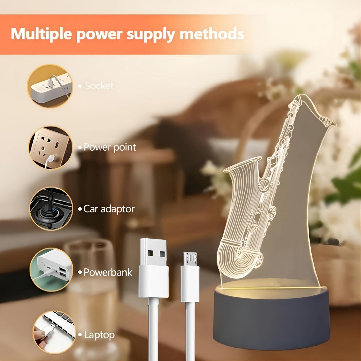 Skorter | SaxGlow - 3D Saxophone LED Night Light, USB-Powered Table Lamp