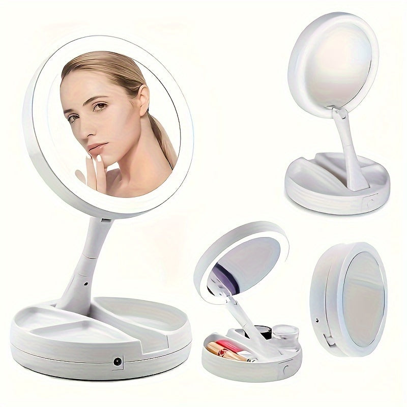 Skorter | Foldable Makeup Mirror with LED Lighting and Storage Box – Double-Sided 1X and 10X Magnifying Mirror for Table or Vanity