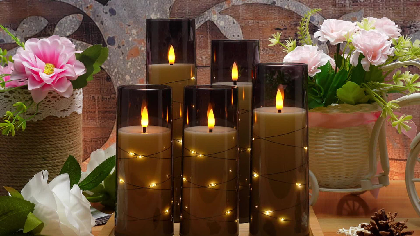 Skorter | Flameless LED Candle Holders With Star Shaped Light Chain – 3-Pack Gray (D3*H10.16cm12.7cm15.24cm) Included Remote Control & Timer