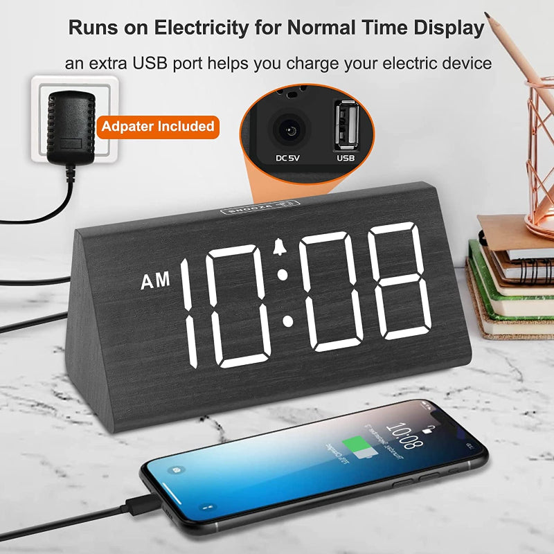 Skørter | Three Digital Alarm Clock with USB Port, Loud Alarm, Dimmer, and Snooze Function