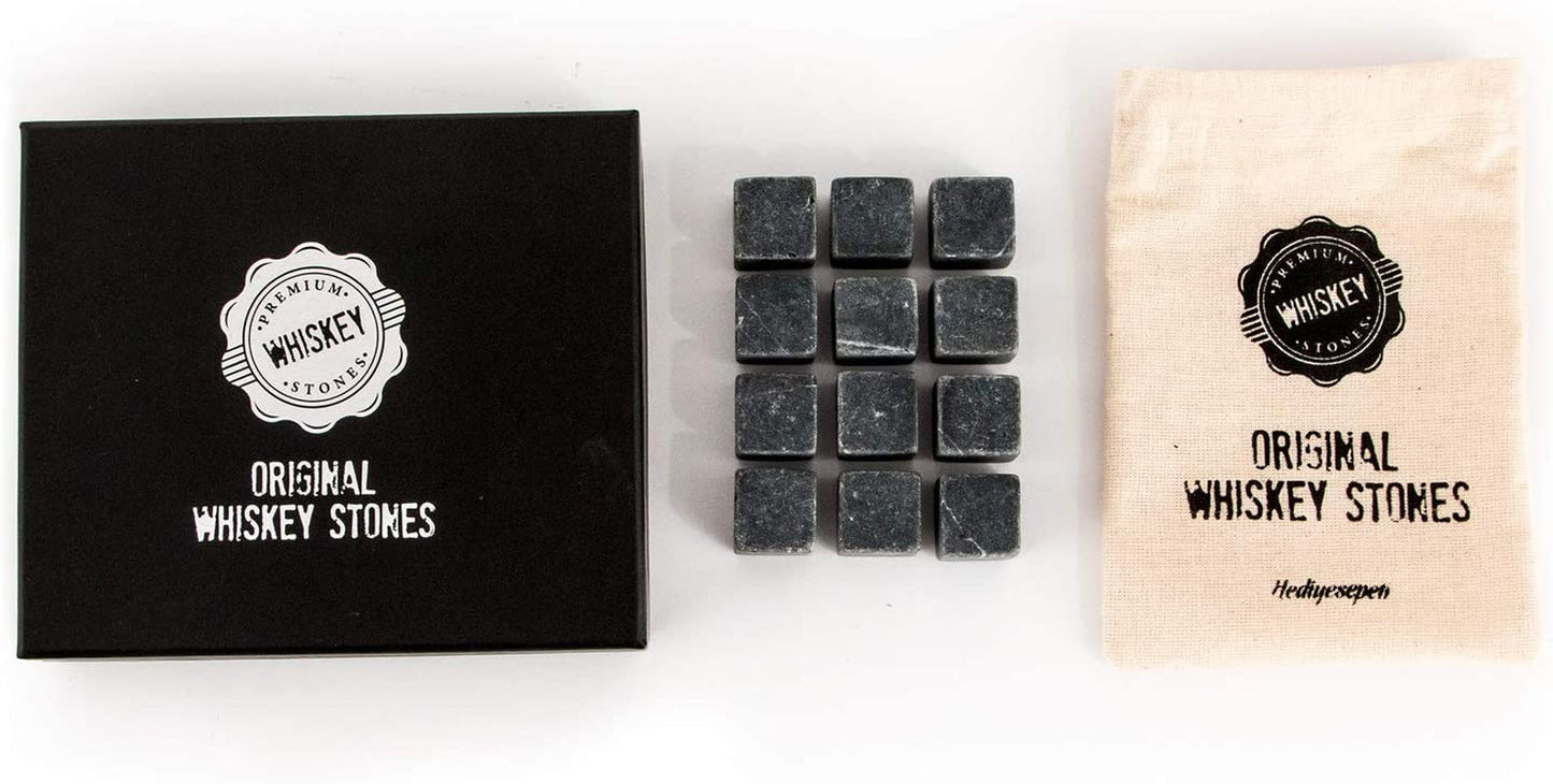 Skørter | Premium Whiskey Stones Gift Set with 12 Pcs Stones and Bag. Whiskey, Bourbon, Cognac, Scotch, Gin, Wine Drink. Marble Reusable Ice Cubes. Birthday Gift for Whiskey Lovers.… (Dark Grey)