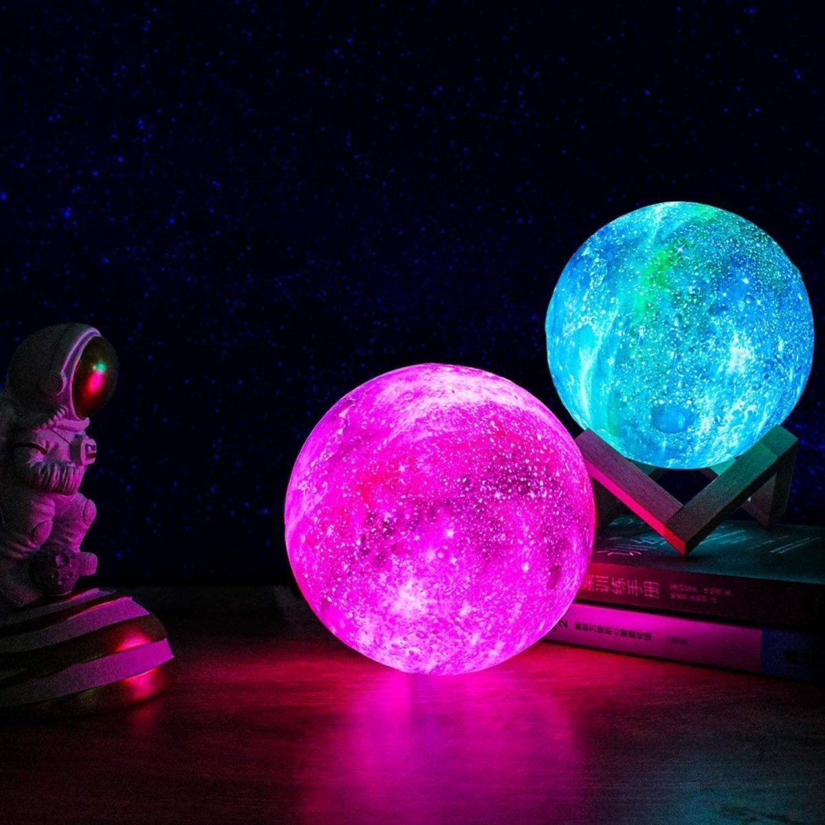 Skorter | Galaxy Moon Lamp – 3D Printed Lunar Light with 16 Colors, Wooden Stand & Remote Control