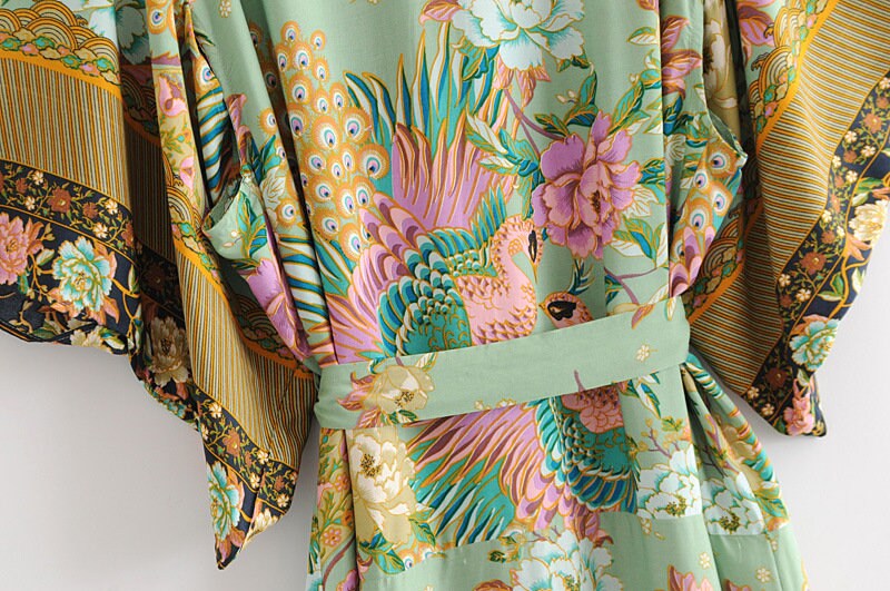 Skorter | Cotton Kimono Boho Vintage Cotton Peacock Flower Pattern Print Belt Women Bohemian V Neck Bat Sleeve Robe Kimono, Gift for Her