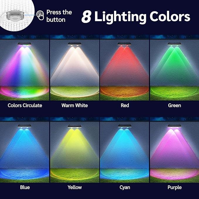 Skorter | Solar fence lights outdoor warm white & RGB changing solar deck lights, LED solar lights for outdoor wall railing terrace stairs step garden backyard