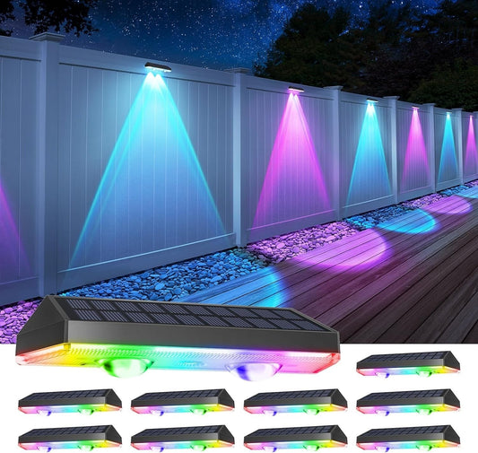 Skorter | Solar fence lights outdoor warm white & RGB changing solar deck lights, LED solar lights for outdoor wall railing terrace stairs step garden backyard