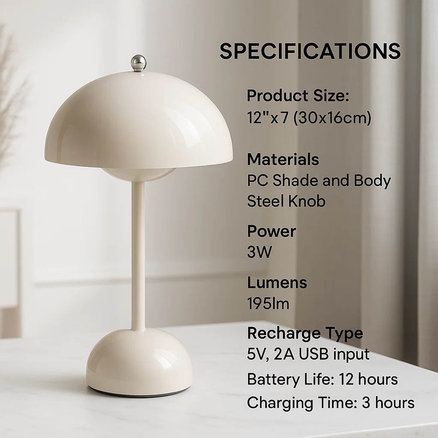 Skorter | Minimalist Flowerpot Table Lamp - Rechargeable Bedside Lamp & Cordless Design Mushroom Shaped Lamps