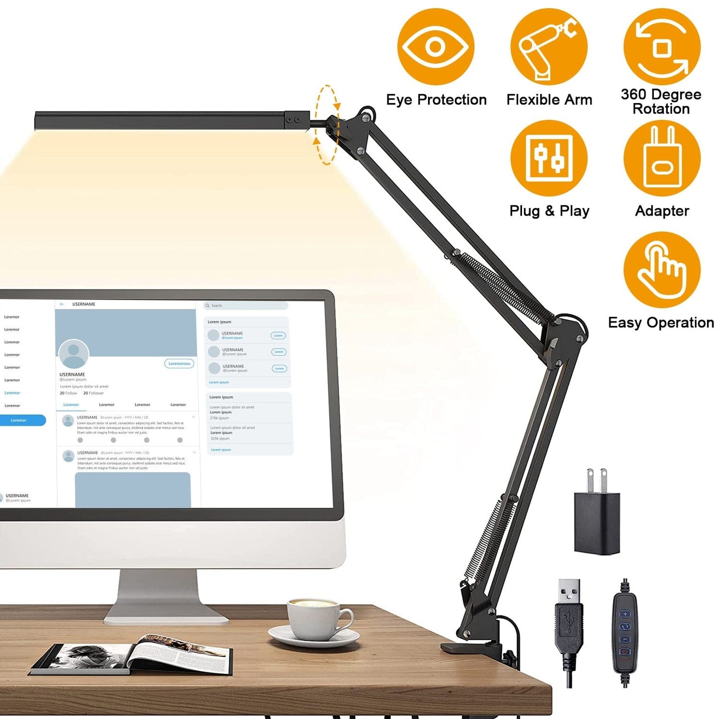Skorter | LED Reading Lamp with Clamp Adjustable Swing Arm