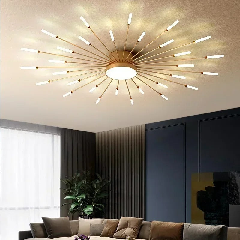 Skorter | Modern Industrial Ceiling Lamp Sputnik Fireworks | Black & Gold Finish. LED Lighting for Living Room. Dining Room & Bedroom Decor