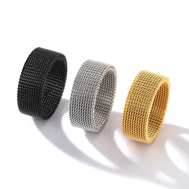 Skorter | Classic Wide Band Stainless Steel Woven Mesh Unisex Rings