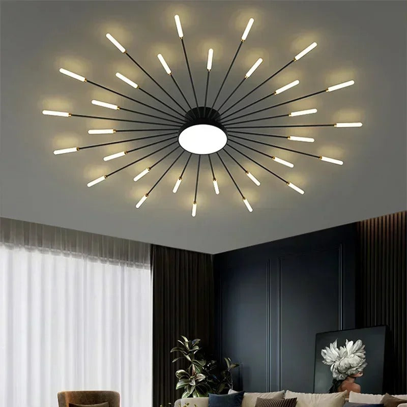 Skorter | Modern Industrial Ceiling Lamp Sputnik Fireworks | Black & Gold Finish. LED Lighting for Living Room. Dining Room & Bedroom Decor