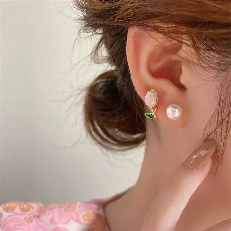 Skorter | Sweet Fashion Tulip Flower With Pearl Stud Earrings