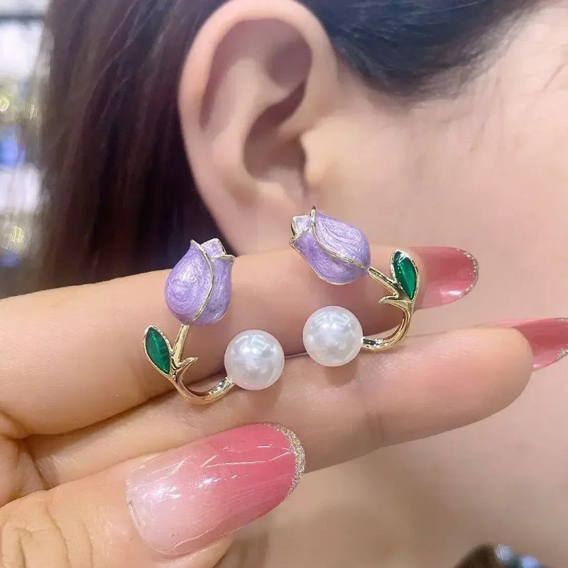Skorter | Sweet Fashion Tulip Flower With Pearl Stud Earrings