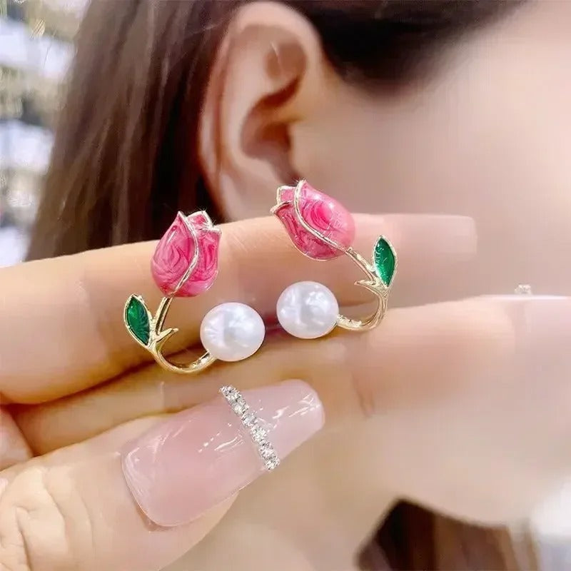 Skorter | Sweet Fashion Tulip Flower With Pearl Stud Earrings