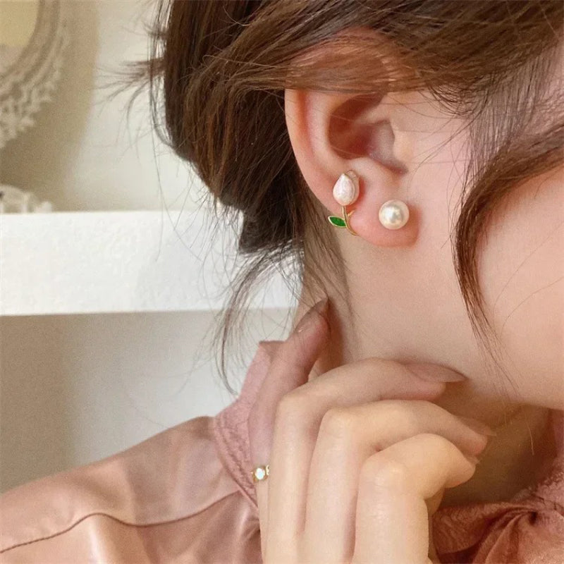 Skorter | Sweet Fashion Tulip Flower With Pearl Stud Earrings