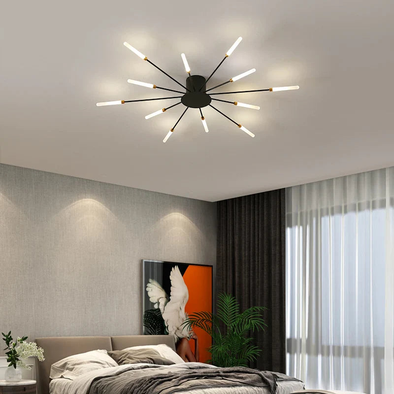 Skorter | Modern Industrial Ceiling Lamp Sputnik Fireworks | Black & Gold Finish. LED Lighting for Living Room. Dining Room & Bedroom Decor