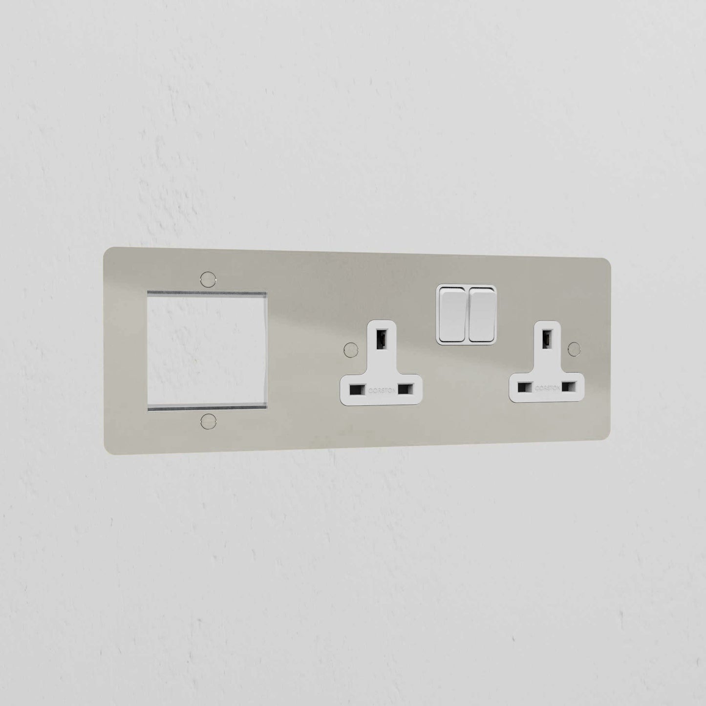 Skorter | 1G 50mm Module & Double Socket UK Plate - Polished Nickel White