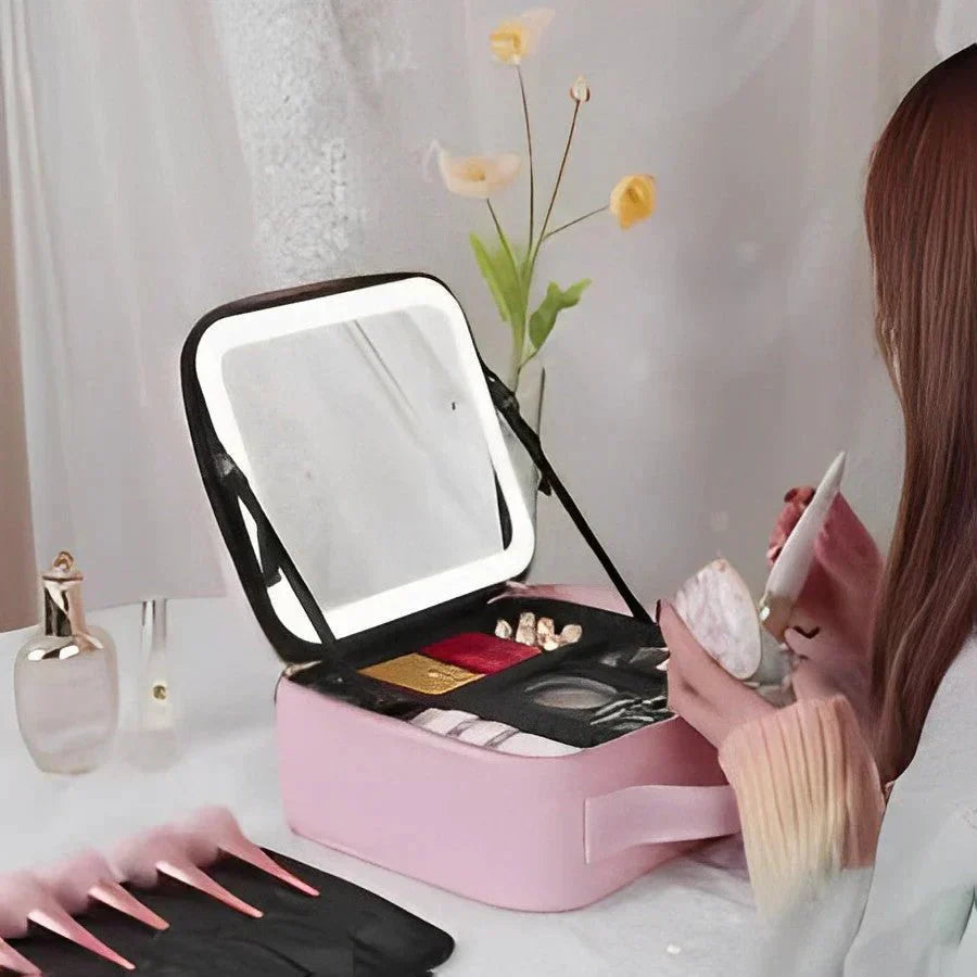 Skorter | MirrorGlam LED Make-up Bag – Portable Cosmetic Case with Adjustable Light & Organizer Loops