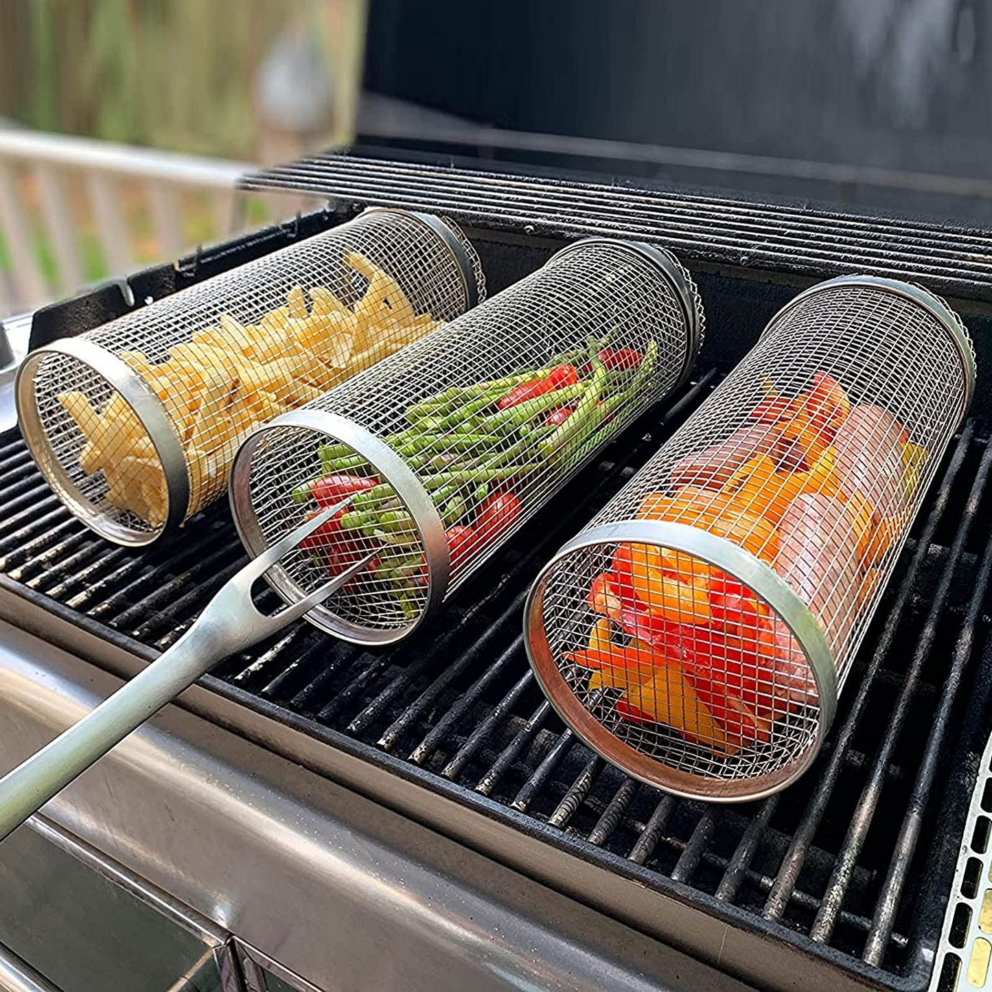 Skorter | Stainless Steel Rolling BBQ Grill Basket – Rotating Design for Perfectly Grilled Food