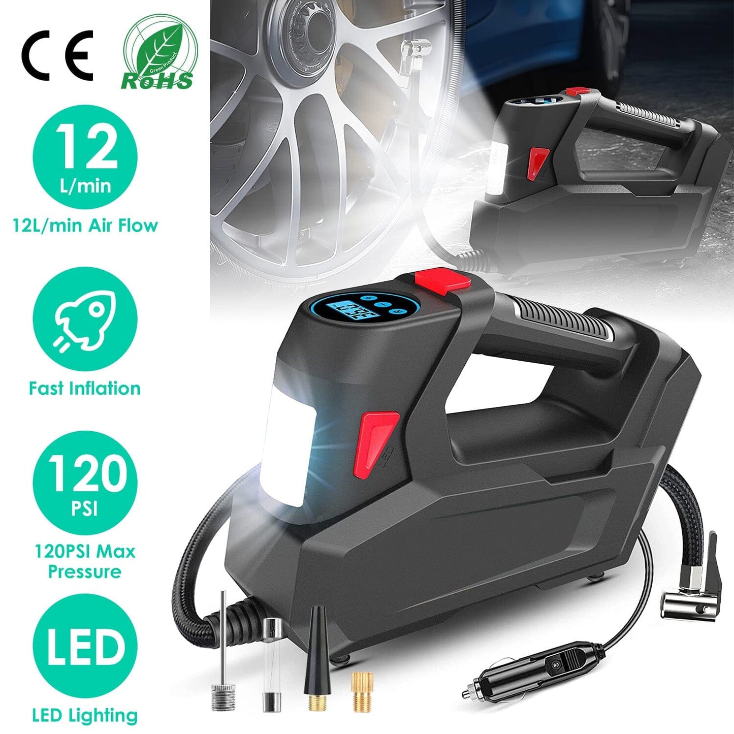 Skorter | Portable Tire Pump 120 PSI Max 90W Powered Tire Pump with Digital Screen LED