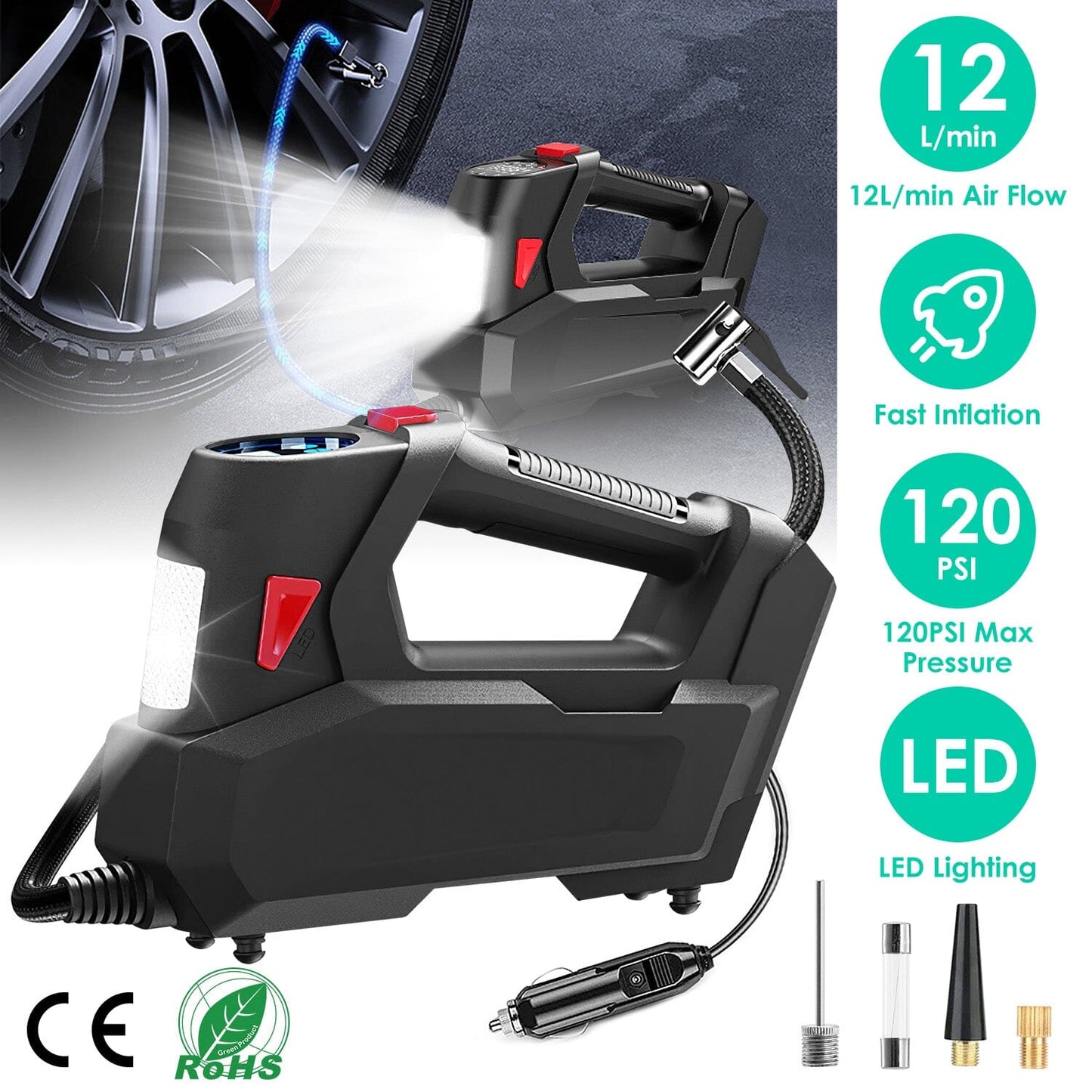 Skorter | Portable Tire Pump 120 PSI Max 90W Powered Tire Pump with Digital Screen LED