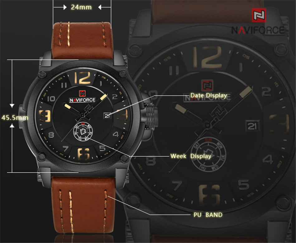 Skorter | NAVIFORCE Men's Watches Top Brand Luxury Sport Quartz-Watch Leather Strap Clock Men Waterproof Wristwatch relogio masculino 9099