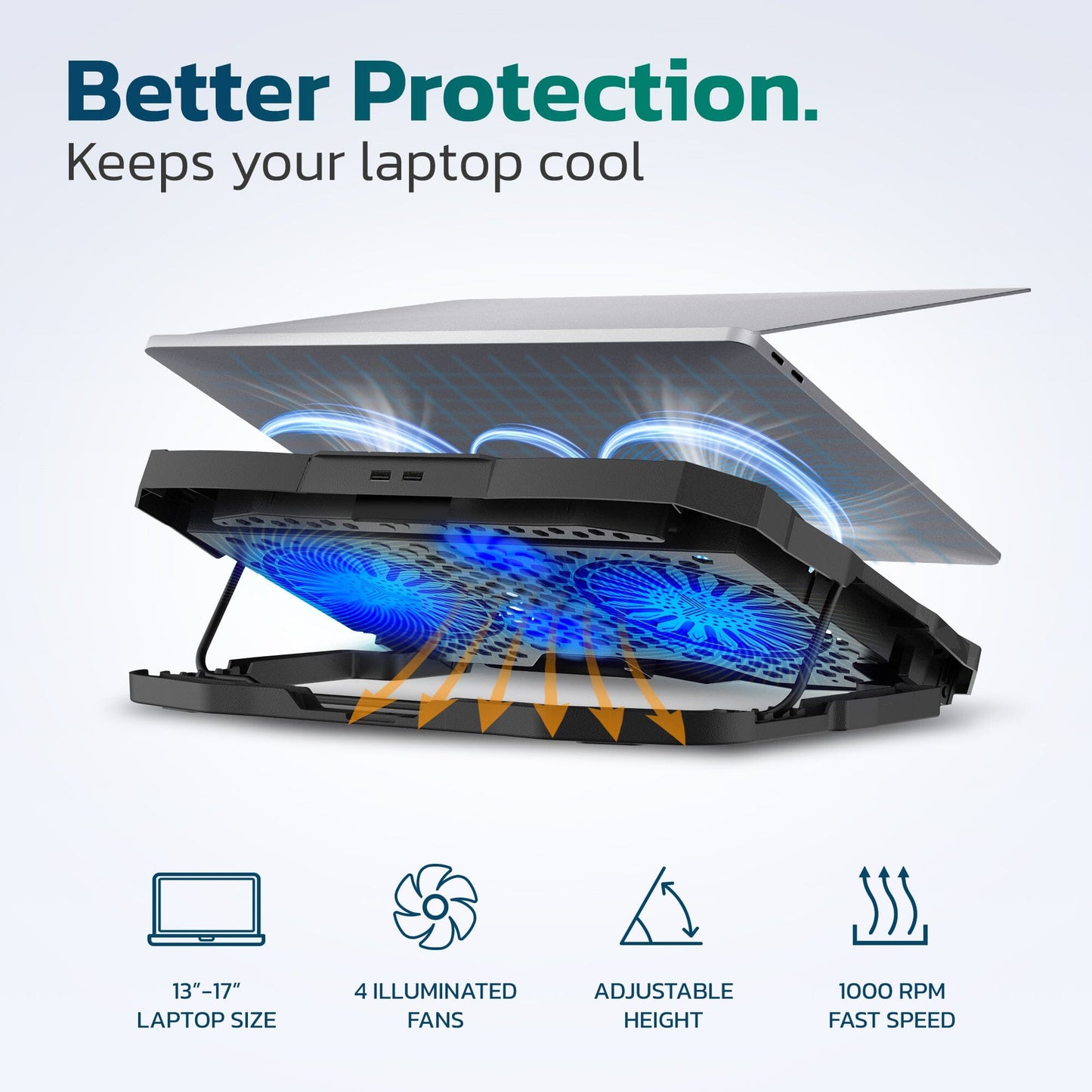 Skorter | Clean Laptop Cooling Pad, 6 Adjustable Heights Laptop Stand, 4 Fans: 3 Fan Modes + 6 Speeds, LED Display, 2 USB Ports