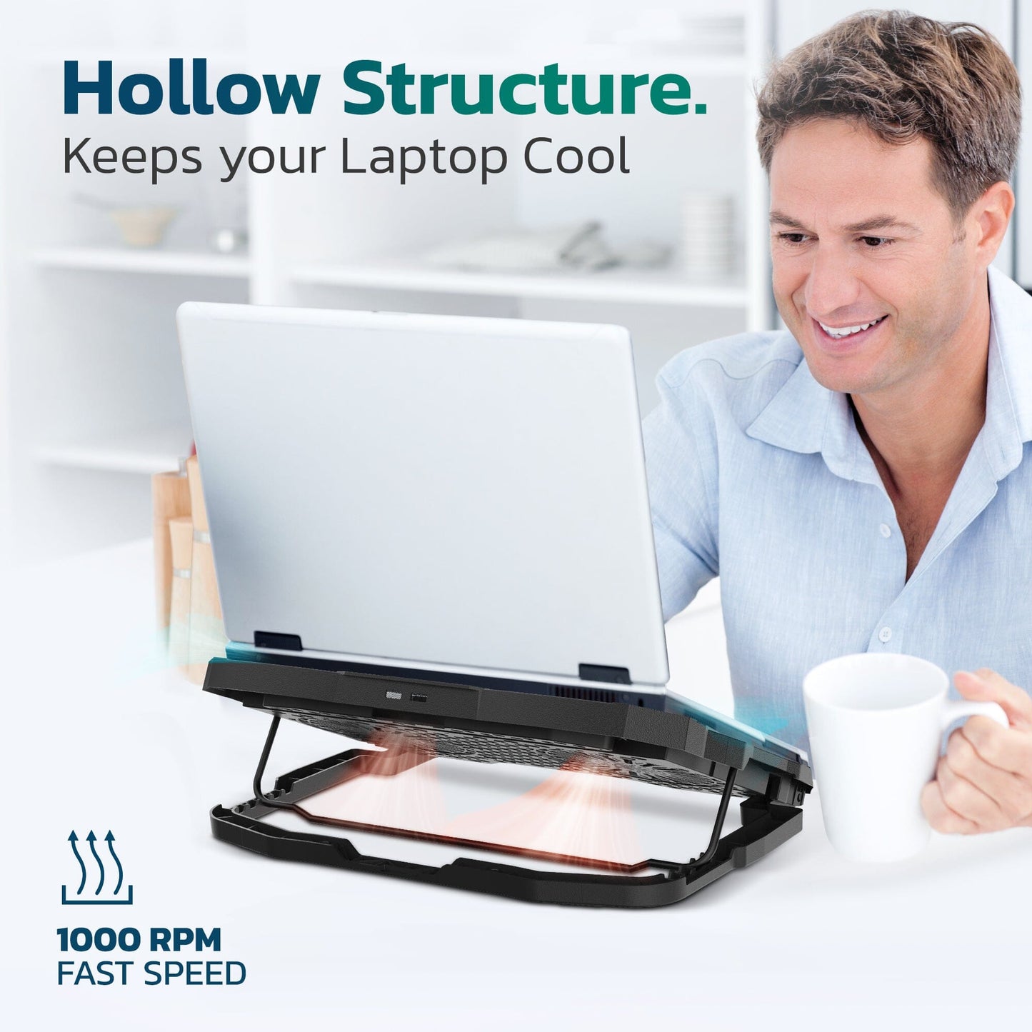 Skorter | Clean Laptop Cooling Pad, 6 Adjustable Heights Laptop Stand, 4 Fans: 3 Fan Modes + 6 Speeds, LED Display, 2 USB Ports
