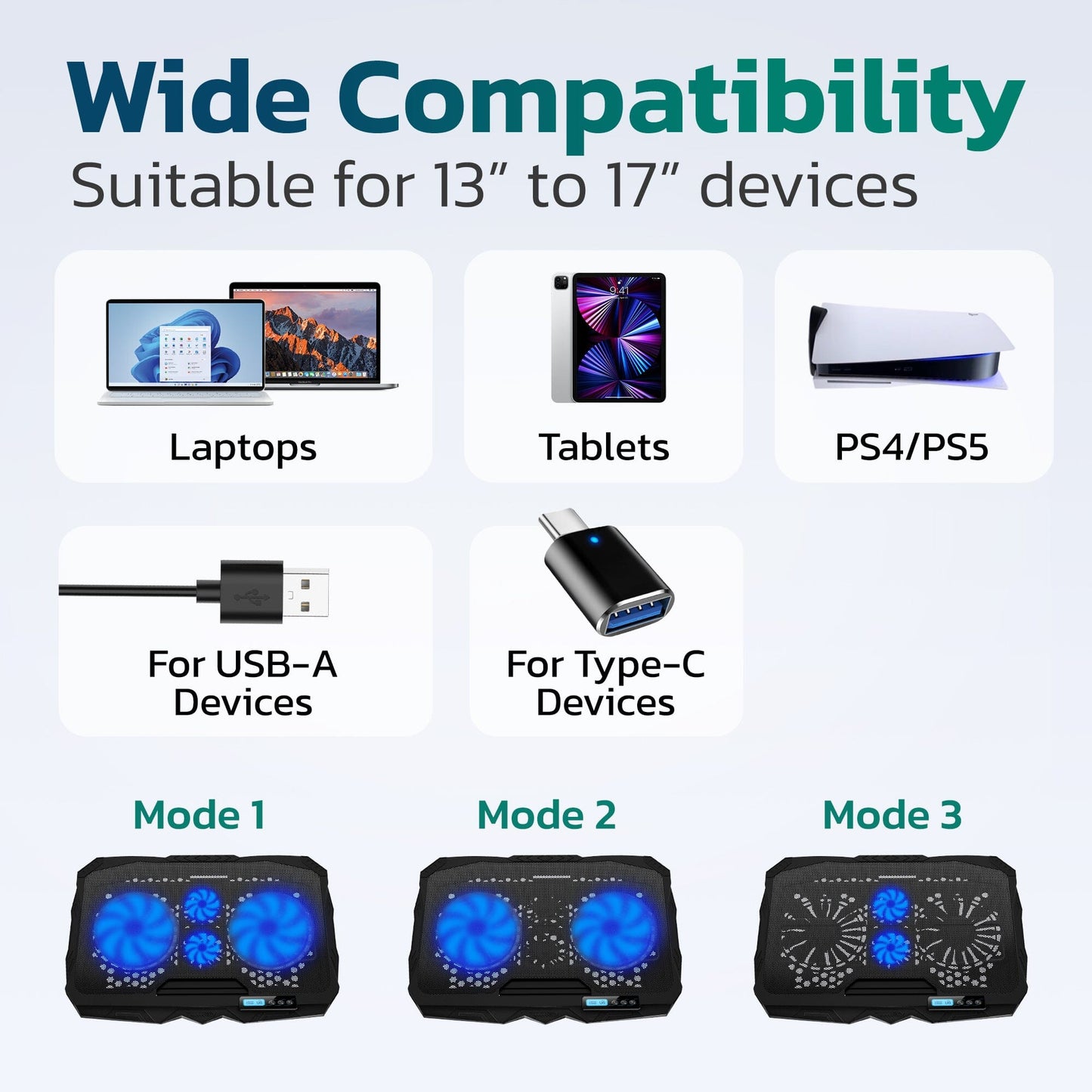 Skorter | Clean Laptop Cooling Pad, 6 Adjustable Heights Laptop Stand, 4 Fans: 3 Fan Modes + 6 Speeds, LED Display, 2 USB Ports