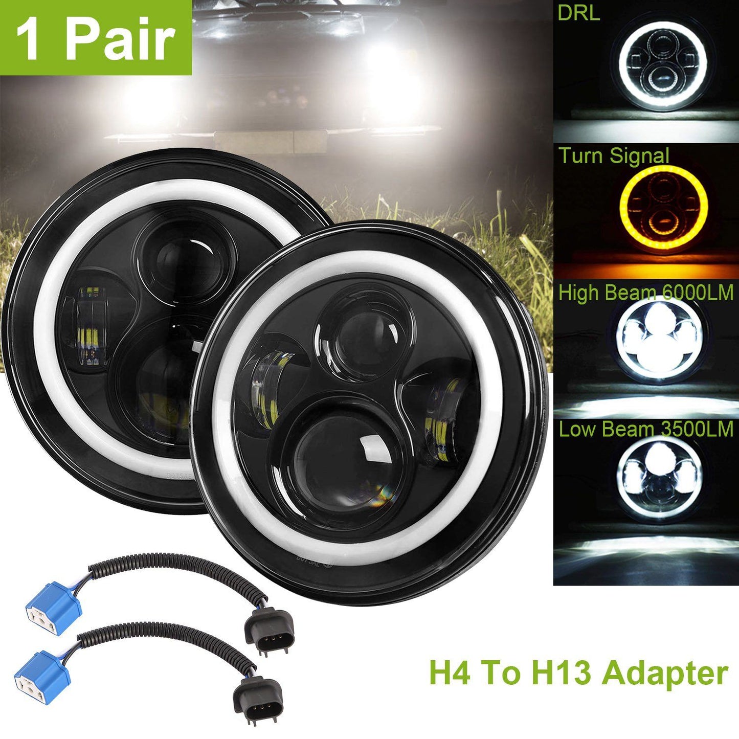 Skorter | Round LED Headlight Halo Angel Eyes for Jeep Wrangler