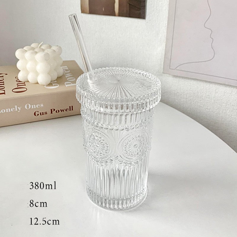 Embossed Glass Cups with Lid and Straw