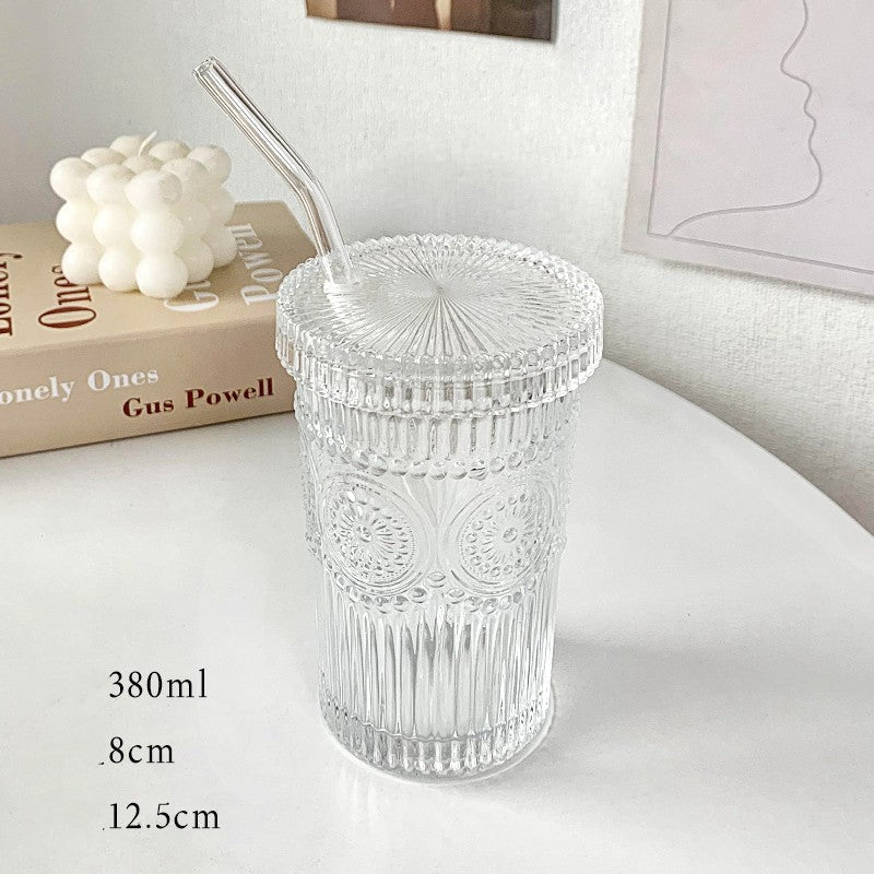 Embossed Glass Cups with Lid and Straw