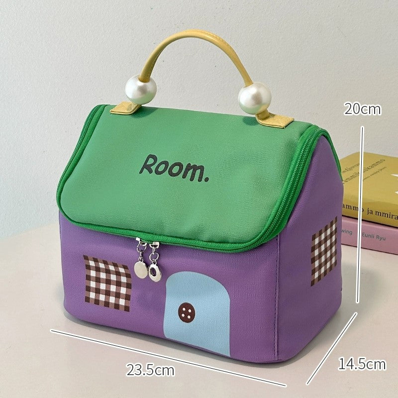 Skorter | Color block colored, house-shaped handheld cosmetic bag with large capacity
