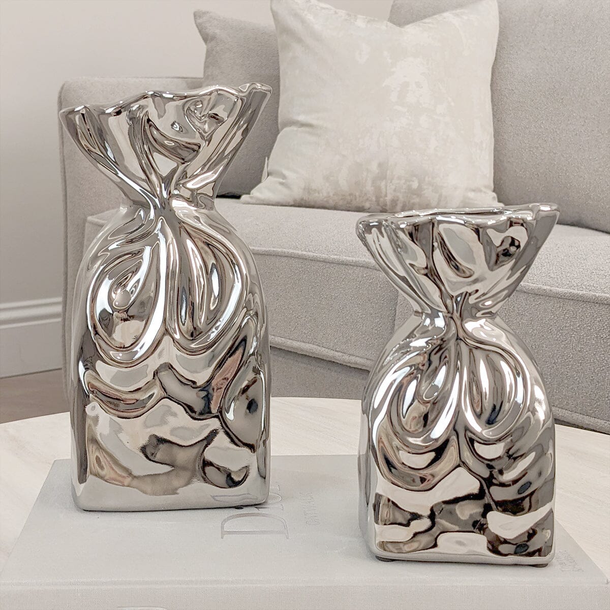 Skorter | Tesora Silver Curled Ceramic Bag Vases - Set of 2