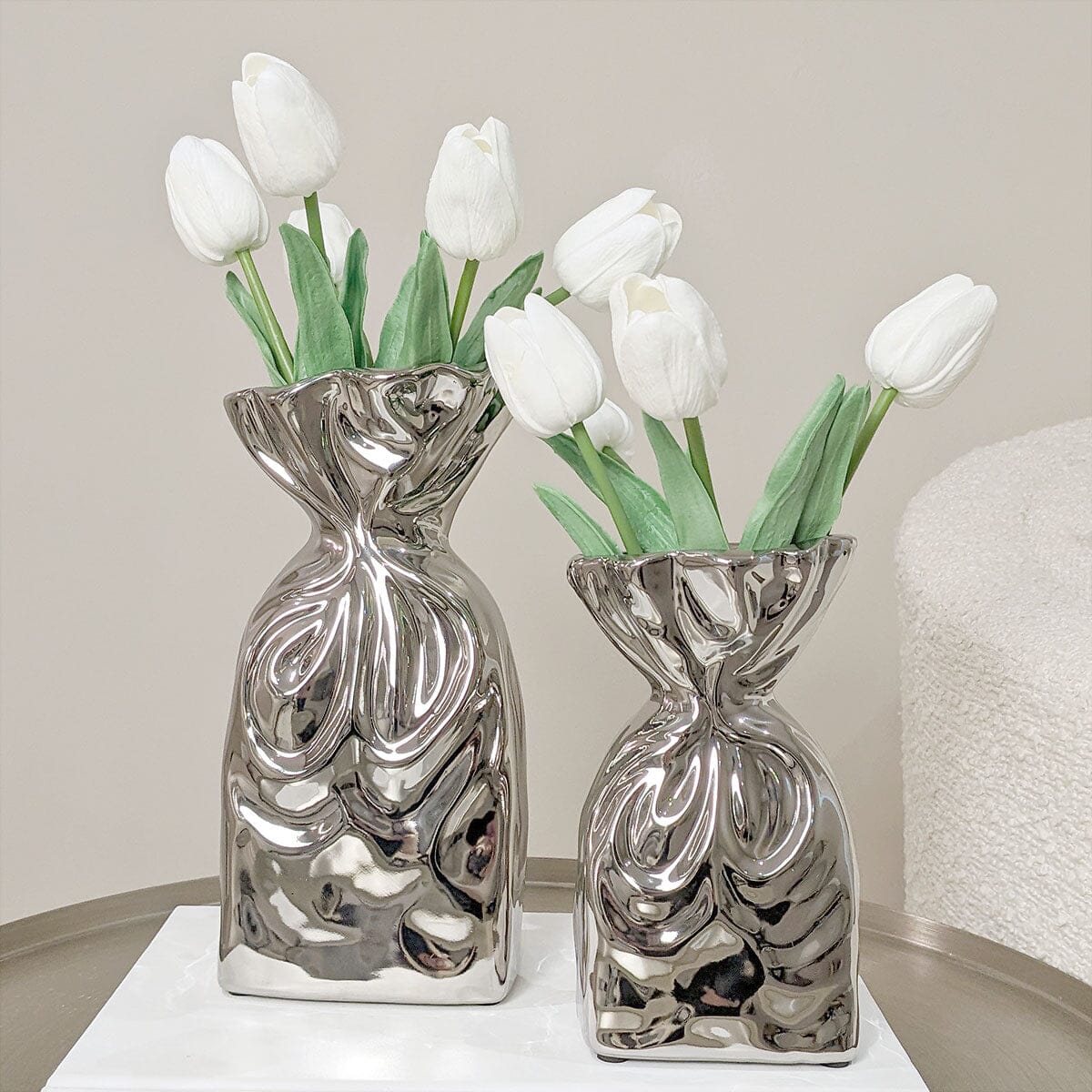 Skorter | Tesora Silver Curled Ceramic Bag Vases - Set of 2