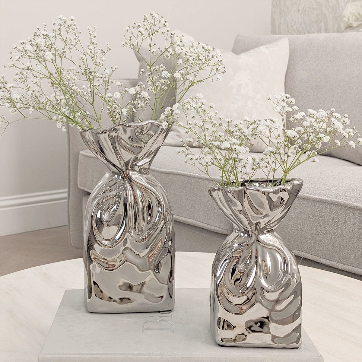 Skorter | Tesora Silver Curled Ceramic Bag Vases - Set of 2
